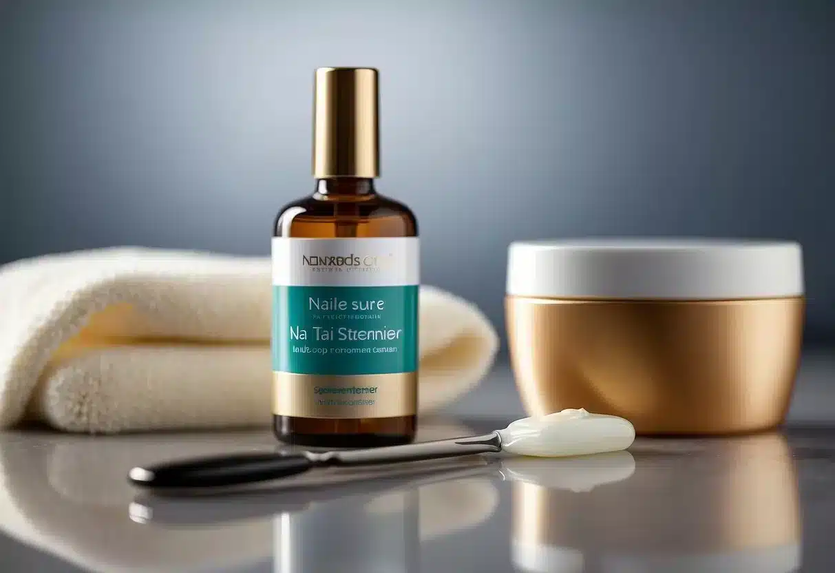 A bottle of nail strengthener sits on a bathroom counter, next to a nail file and a hand cream. A healthy nail is shown as an example