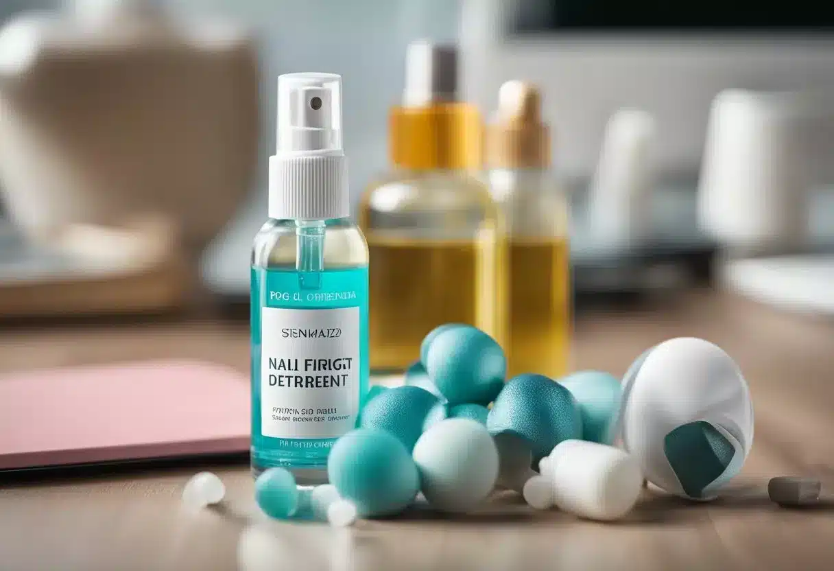 A nail-biting deterrent spray sits on a clean, organized desk, surrounded by calming essential oils and a stress-relief fidget toy