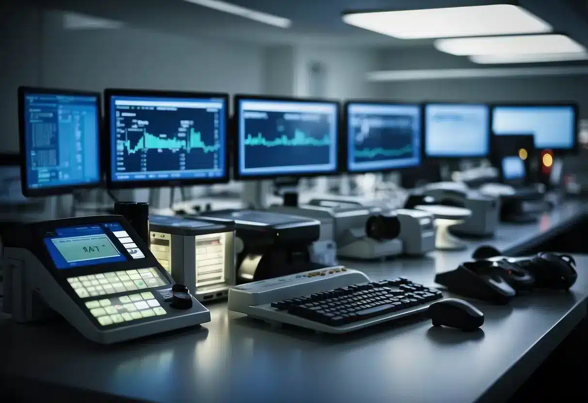 A laboratory setting with various testing equipment and monitors, showcasing the process of monitoring and testing for insulin resistance