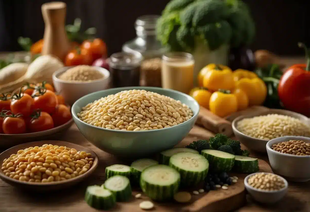 A table with a variety of healthy foods, such as vegetables, lean proteins, and whole grains, alongside a measuring tape and a scale