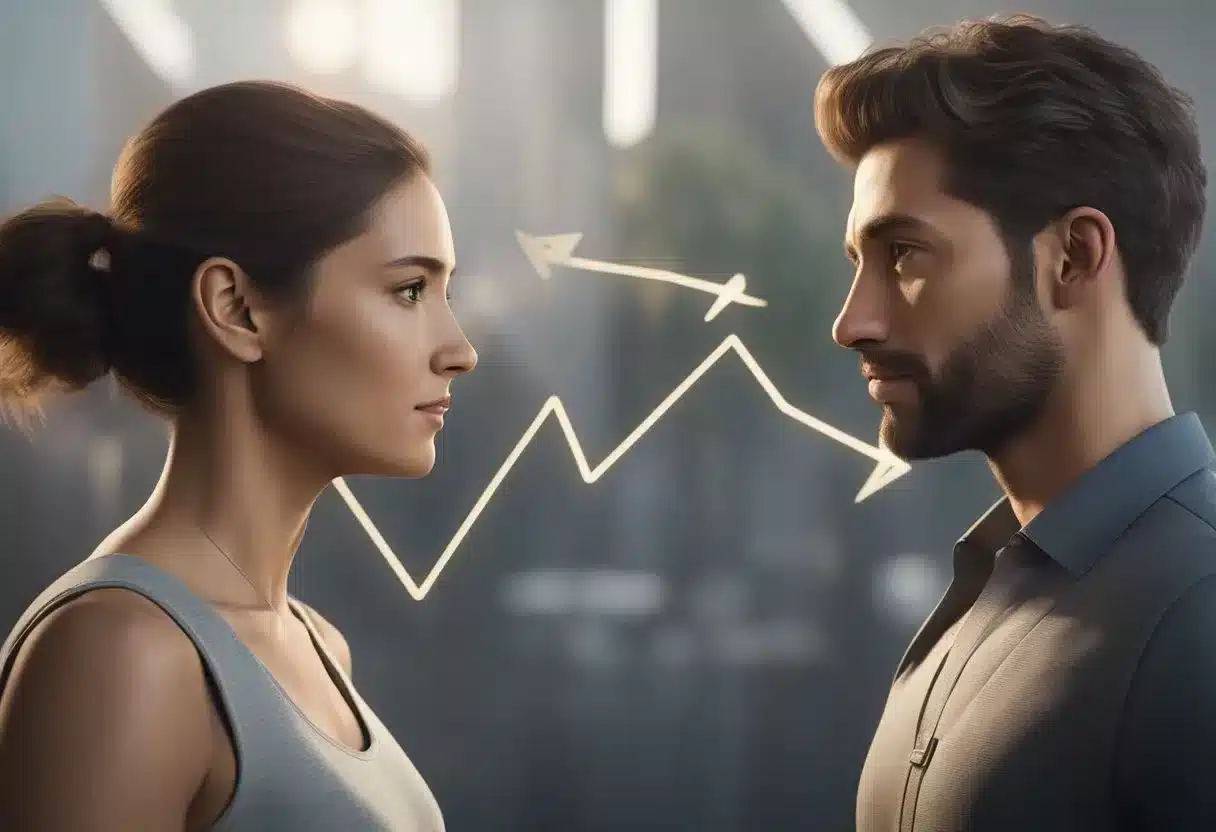 A woman and a man facing each other, with arrows pointing to different symptoms such as weight gain, fatigue, and high blood pressure