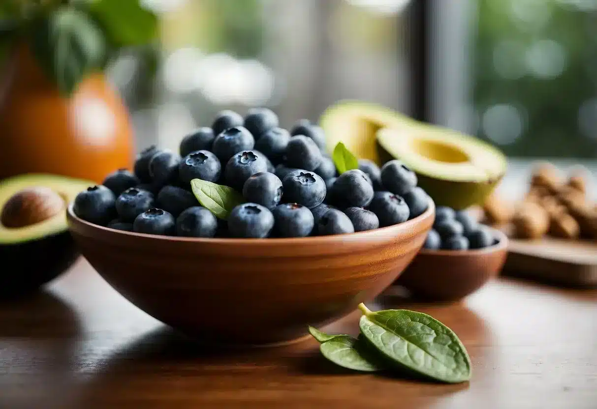 top foods for insulin resistance - Preventive Medicine Daily A bowl of fresh blueberries surrounded by other insulin-friendly foods like spinach, avocado, and nuts