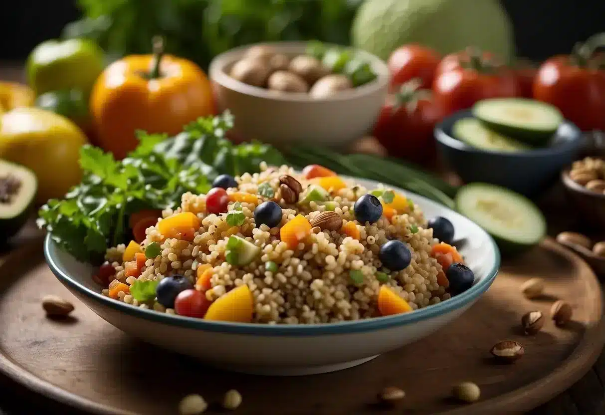 image - Preventive Medicine Daily A colorful plate with quinoa, vegetables, and nuts, surrounded by a variety of fresh produce