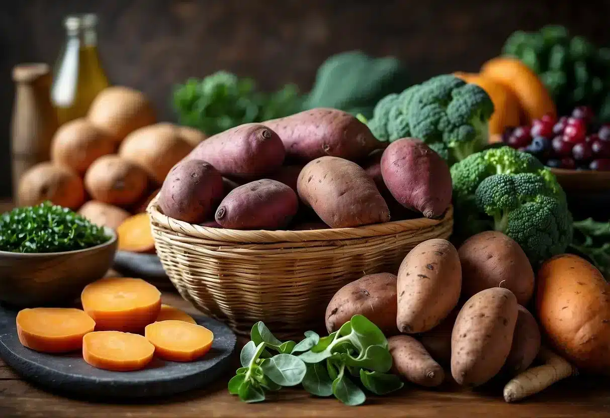 image - Preventive Medicine Daily A colorful array of sweet potatoes, broccoli, spinach, and berries on a table, with a sign reading "10 best foods for insulin resistance."