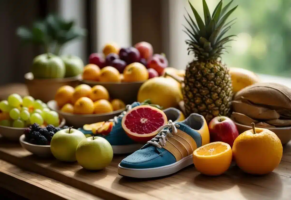 image - Preventive Medicine Daily A table with a variety of colorful fruits, vegetables, and whole grains. A measuring tape and a pair of running shoes are placed nearby, suggesting an active lifestyle