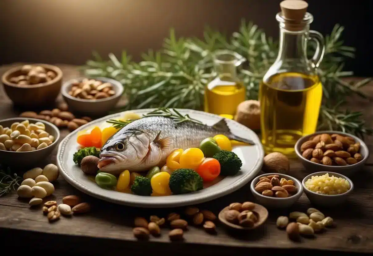 image - Preventive Medicine Daily A table with a variety of foods: olive oil, vegetables, nuts, and fish. A plate with a balanced meal and a measuring tape nearby