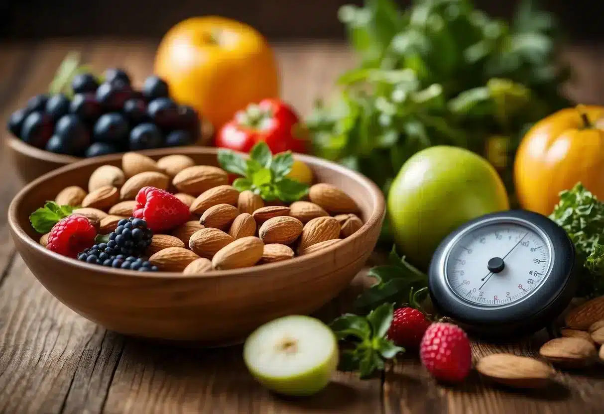 image - Preventive Medicine Daily A bowl of almonds surrounded by colorful fruits and vegetables on a wooden table. A measuring tape and a blood sugar monitor are placed next to the bowl