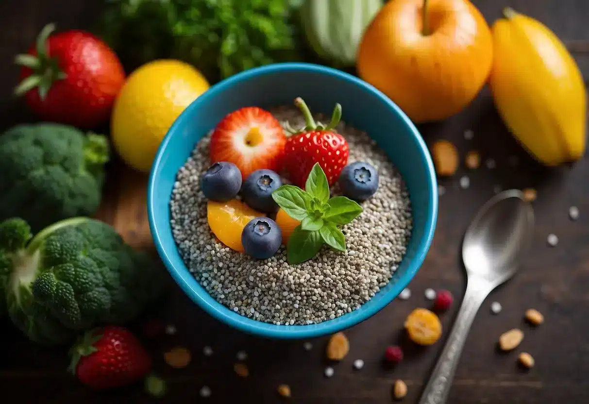 image - Preventive Medicine Daily A bowl of chia seeds surrounded by colorful fruits and vegetables, with a sign reading "10 best foods for insulin resistance" in bold letters