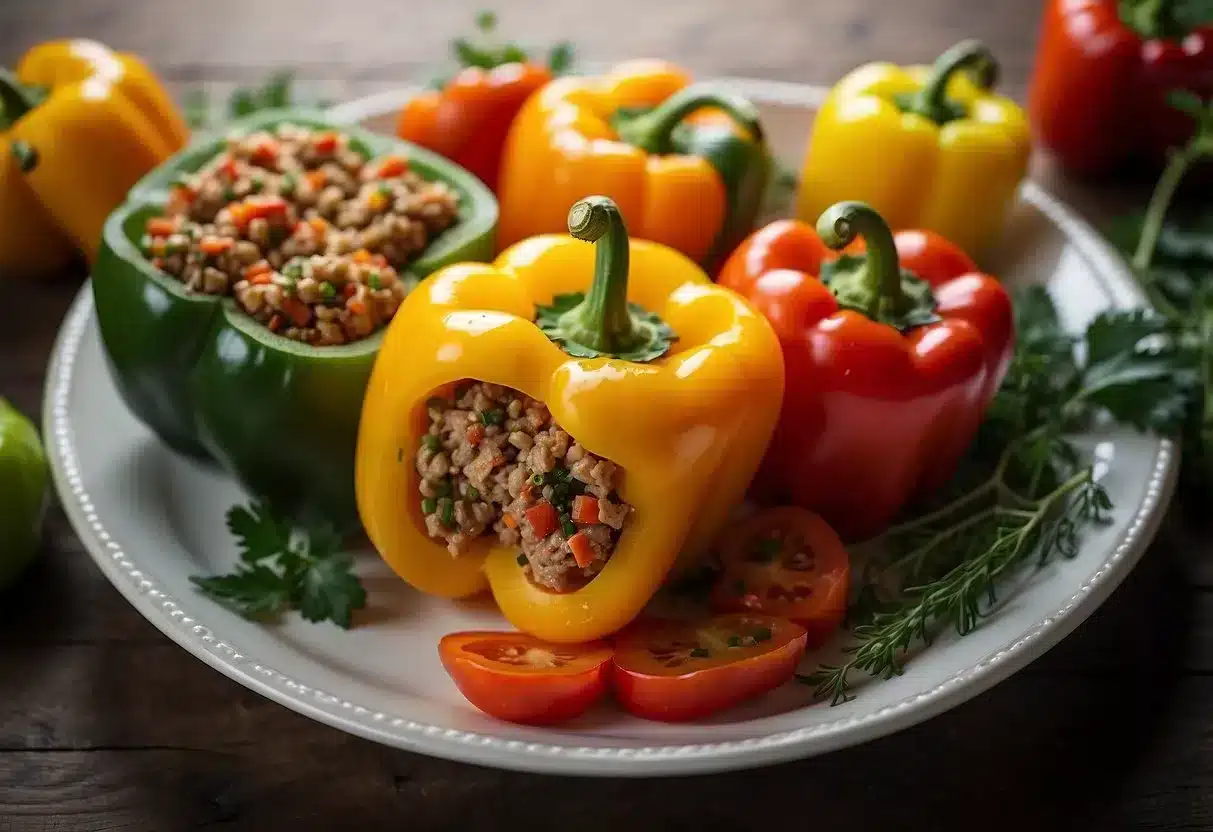 A colorful array of bell peppers stuffed with seasoned ground turkey, arranged on a serving platter alongside a variety of fresh vegetables and herbs