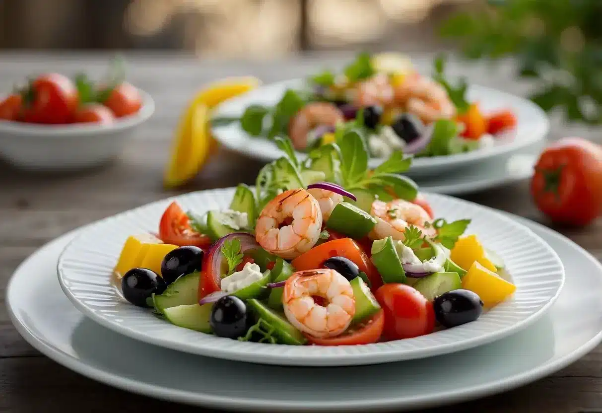 A colorful Greek salad with grilled shrimp on a white plate, surrounded by fresh vegetables and drizzled with vinaigrette