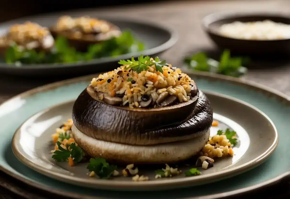 Portobello mushrooms stuffed with savory filling, arranged on a stylish dinner plate. A variety of colorful, low-glycemic side dishes complement the main course