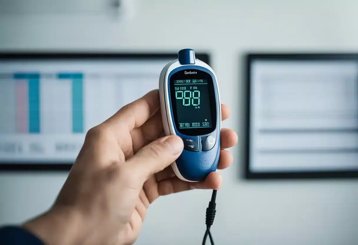 A doctor holds a glucose meter and a blood sample. A chart showing symptoms of diabetes is displayed on the wall