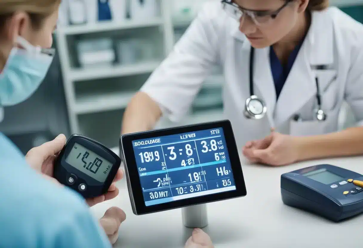 A doctor reviews blood glucose levels on a monitor, while a nurse prepares to administer a glucose tolerance test