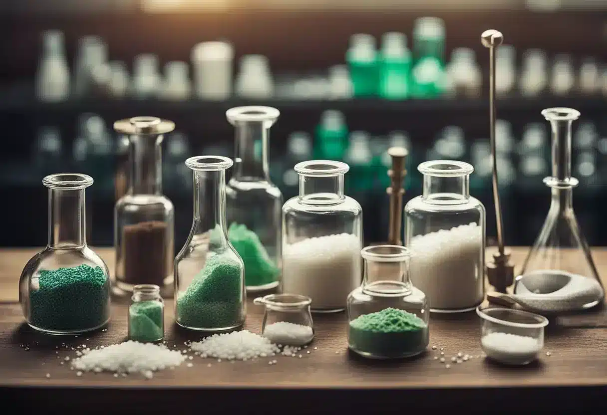 A laboratory table with test tubes and beakers filled with Celtic salt and table salt, surrounded by equipment for analyzing chemical composition and mineral content