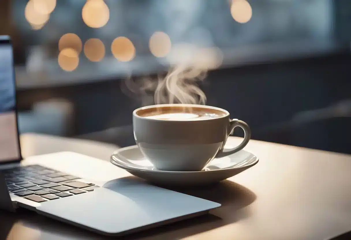 A steaming cup of Java Burn sits on a clean, modern desk with a laptop and notepad nearby. The warm, inviting aroma fills the air