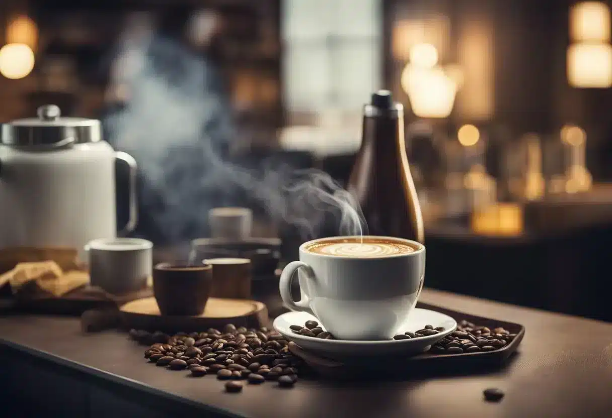 A steaming cup of Java Burn sits next to a bottle of Diet Guarantees, surrounded by market research charts and satisfied customer testimonials