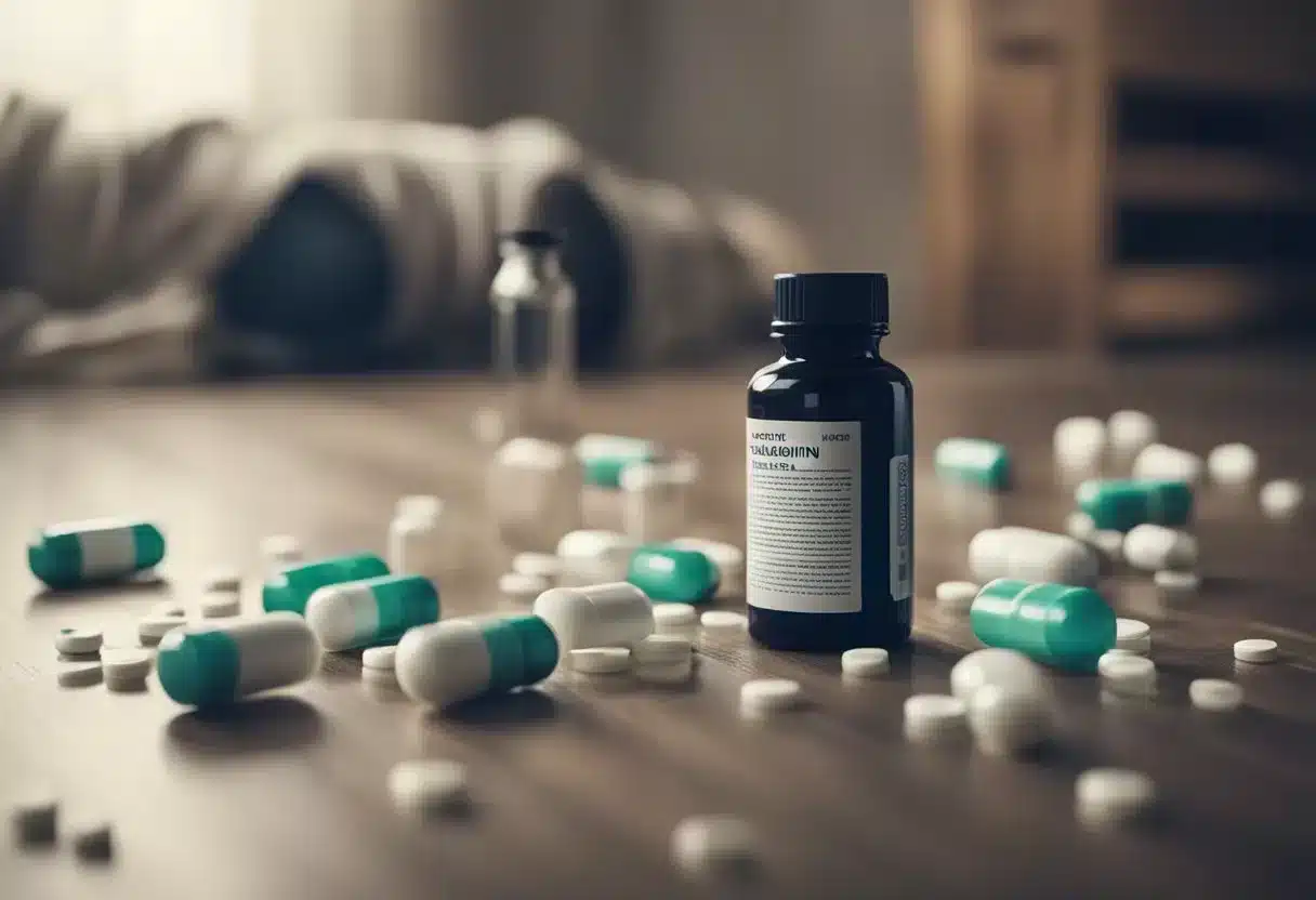 A bottle of melatonin spilling over, pills scattered on the floor, a worried expression on a faceless figure in the background