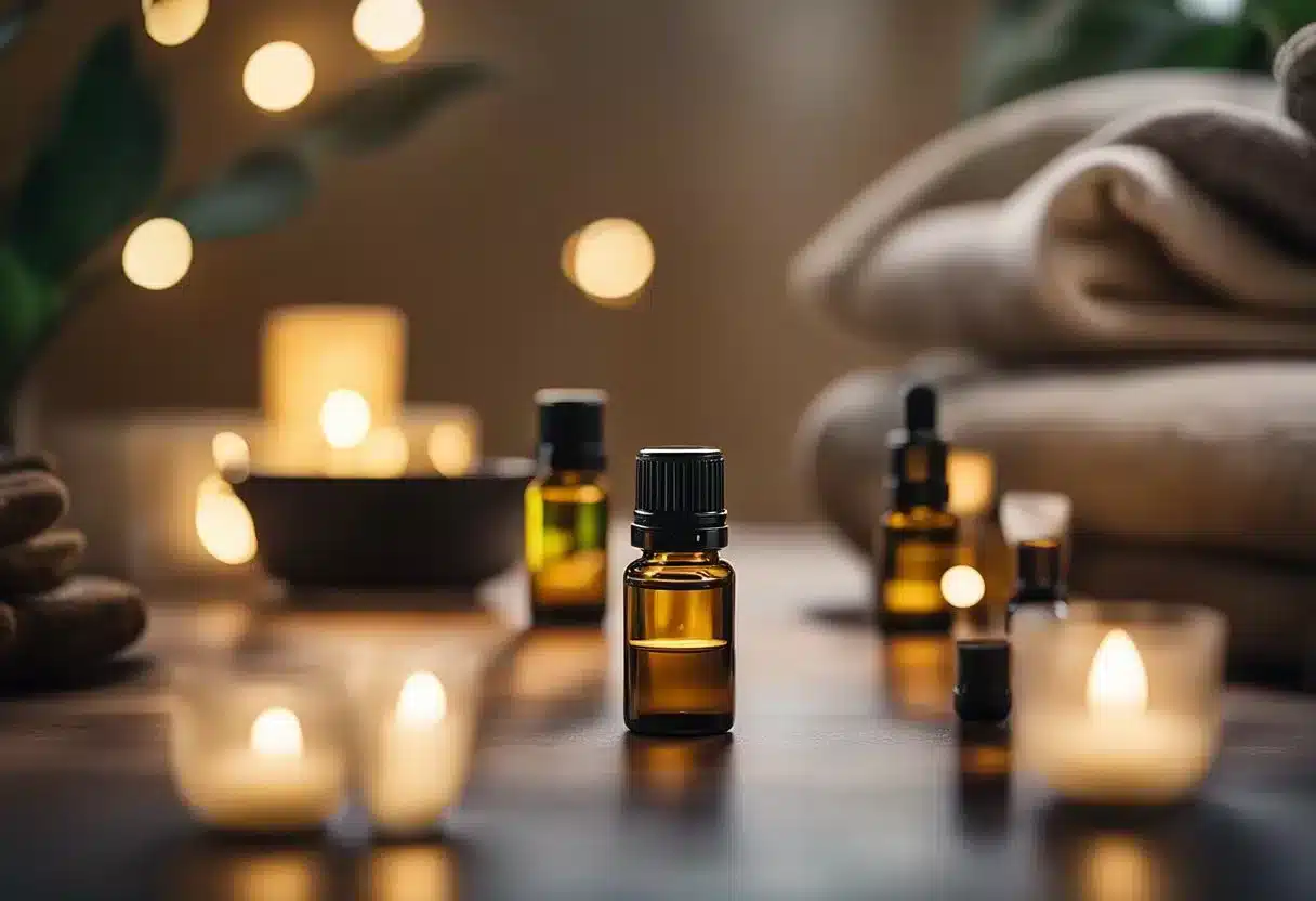 A serene setting with various essential oil bottles and diffusers, surrounded by soft lighting and calming elements. A person in the background appears at peace, experiencing relief from tinnitus