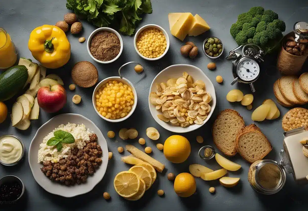 A table with various foods, some untouched and others partially eaten. A measuring tape and a stopwatch are placed next to the foods