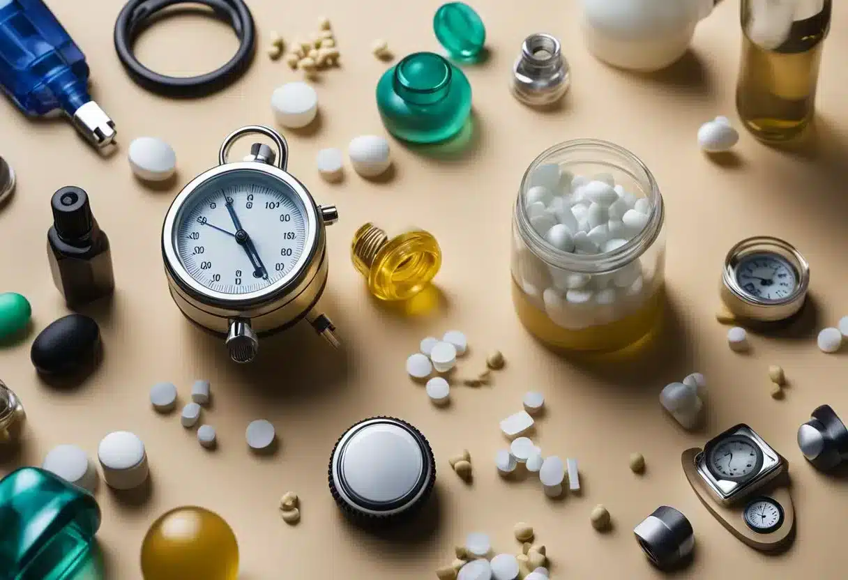 A person surrounded by various objects representing symptoms of magnesium overdose, such as nausea, vomiting, low blood pressure, and irregular heartbeat