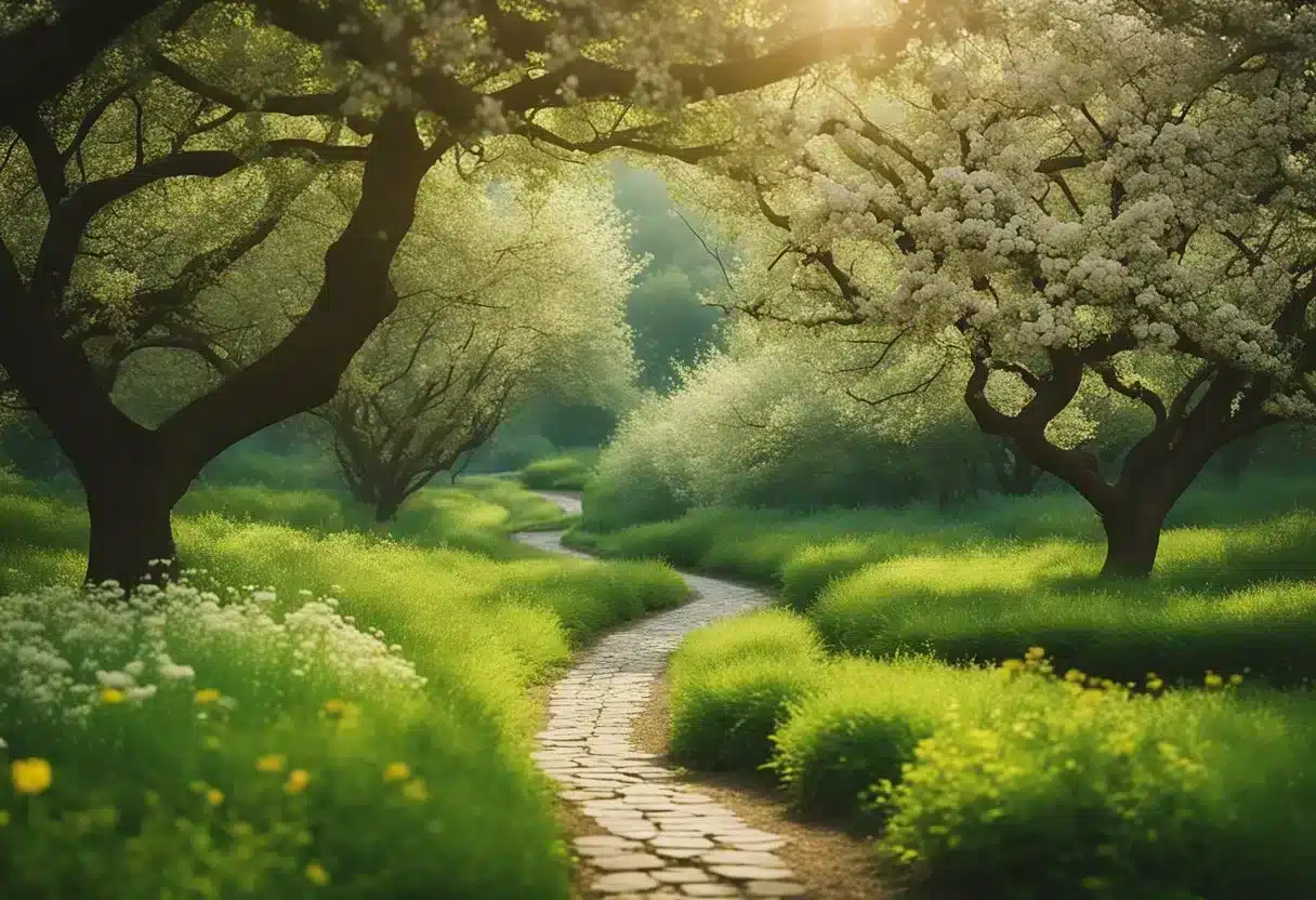 A serene, green landscape with a winding path leading to a distant horizon, surrounded by vibrant, blooming flowers and lush, healthy trees