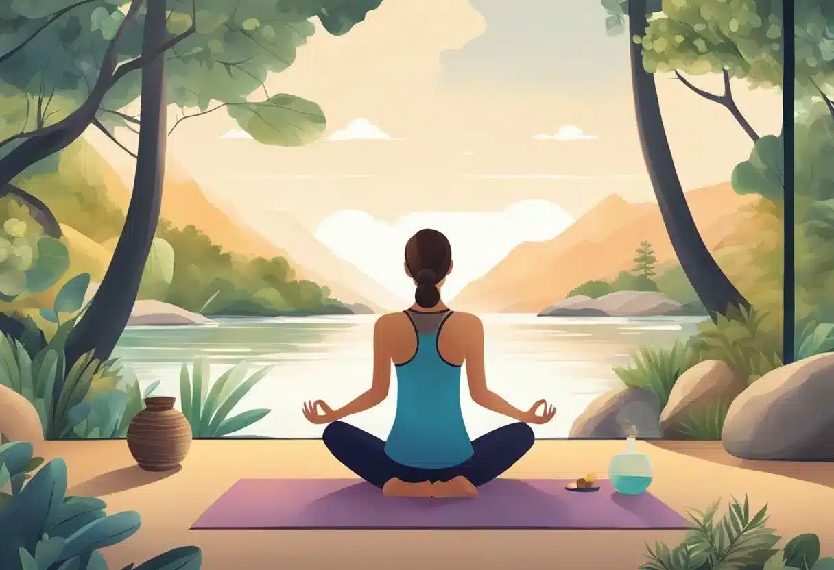 A serene, natural setting with a person engaging in stress-relieving activities such as yoga, meditation, and taking supplements like ashwagandha and fish oil