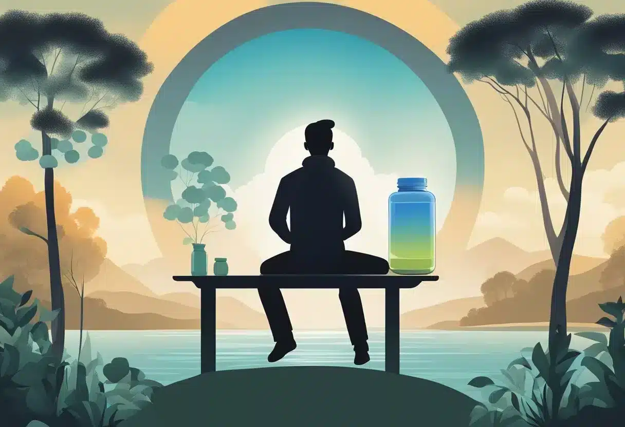 A serene, natural setting with a personified supplement bottle lowering a stress hormone, cortisol, in a human silhouette