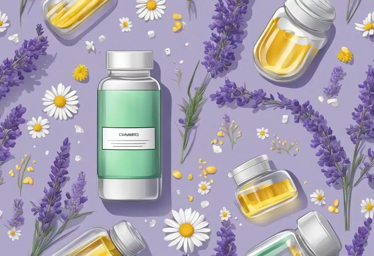 A bottle of dietary supplements surrounded by calming elements like lavender, chamomile, and a stress-free environment