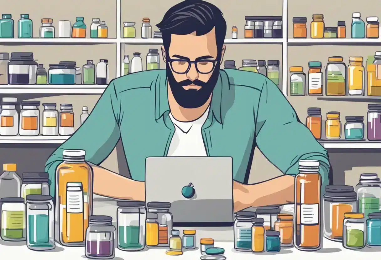 A person researching supplements, surrounded by various bottles and jars, with a laptop open to a page on cortisol levels