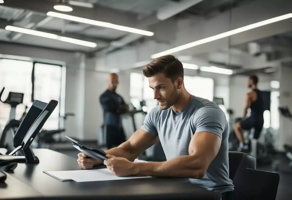A person sits at a desk, filling out paperwork. A fitness trainer stands nearby, ready to assist. The room is bright and modern, with exercise equipment in the background