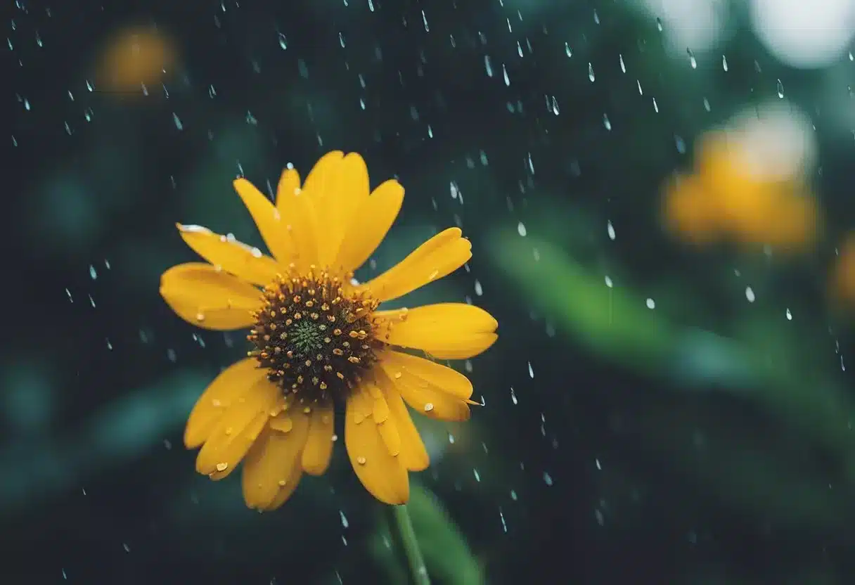 A wilted flower droops in the rain, its petals curling inward as the vibrant colors fade to a dull, lifeless hue