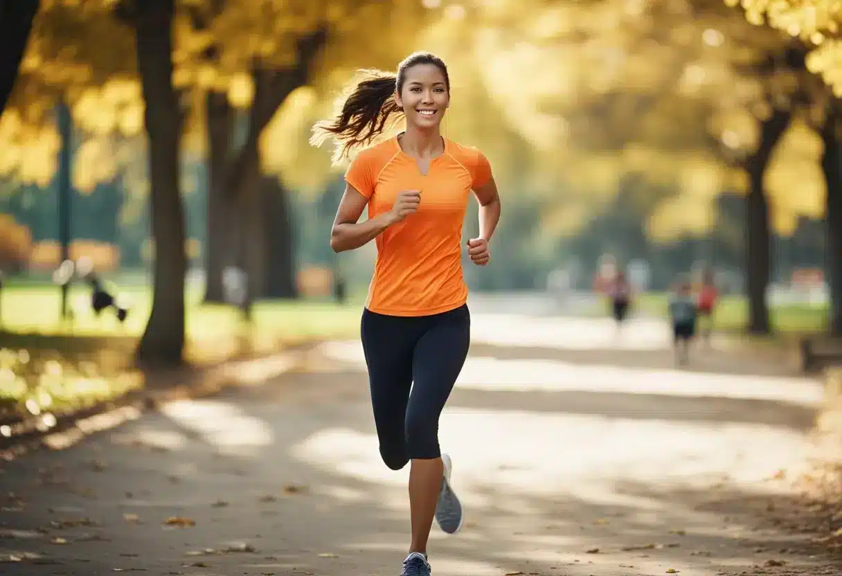 A person jogging in a park with a variety of healthy foods and exercise equipment in the background