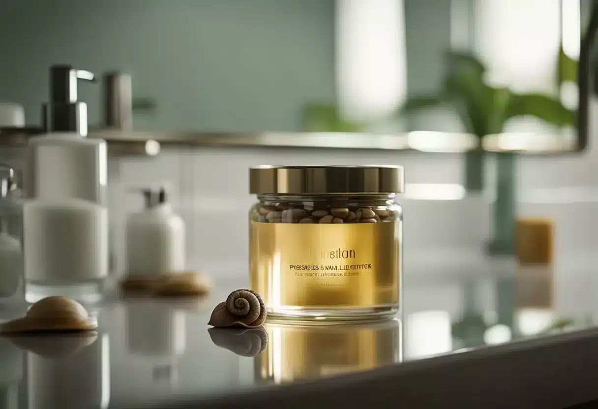 A clear glass jar of snail mucin sits on a bathroom counter, next to a bottle of moisturizer and a mirror