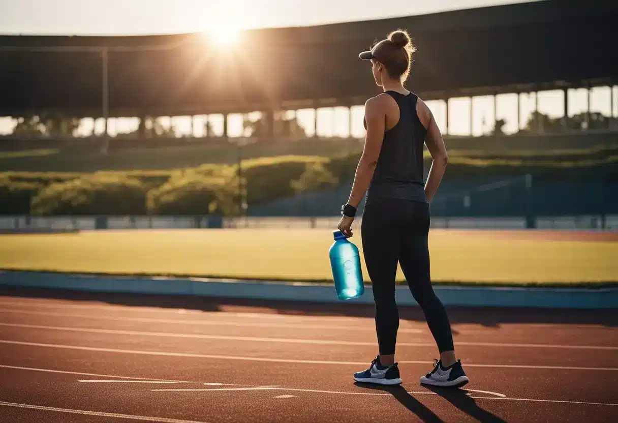 A person standing at the edge of a running track, looking determined with a water bottle and workout gear nearby. The sun is rising in the background, casting a warm glow over the scene