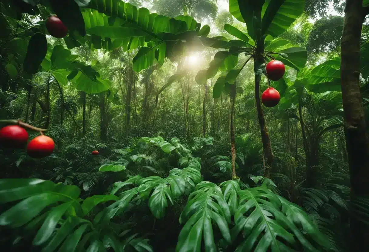 A lush Amazon rainforest with camu-camu trees bearing bright red fruits, surrounded by diverse flora and fauna