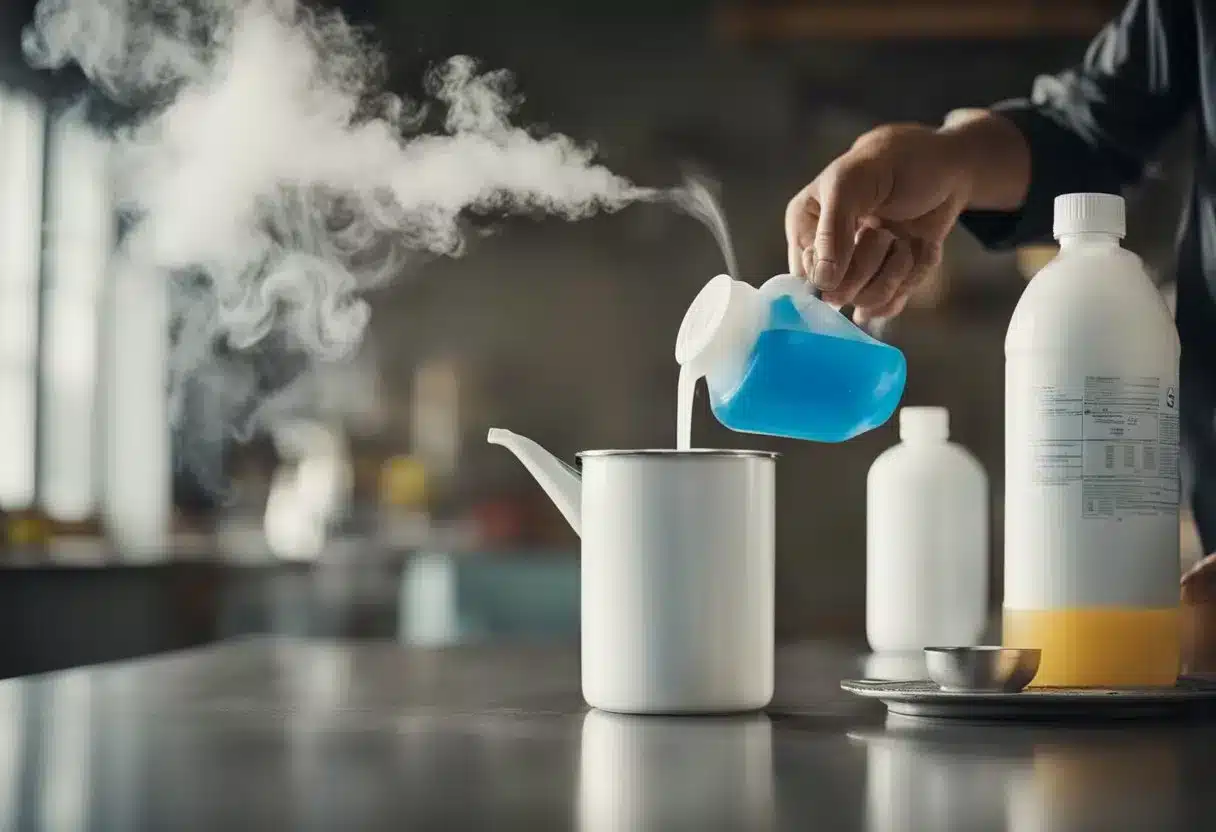 A person pours bleach and ammonia into the same container, creating a toxic gas cloud