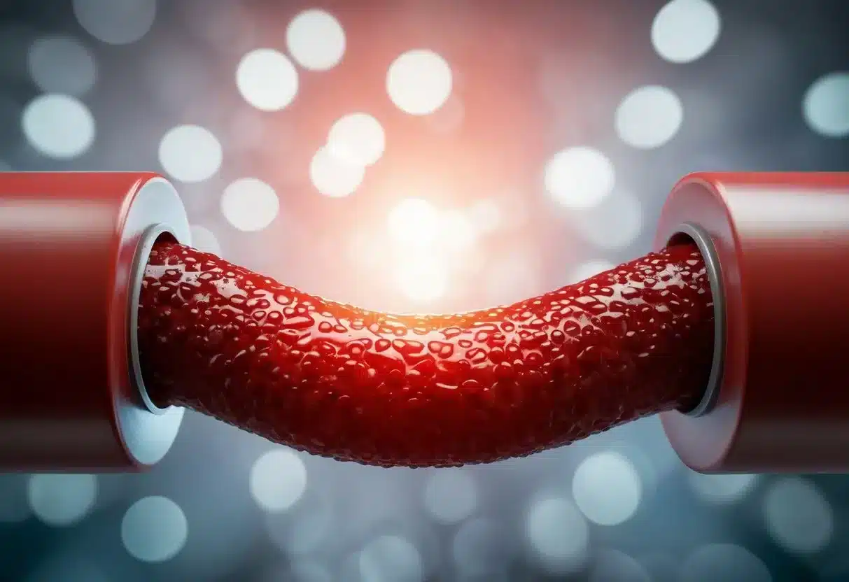 A clogged artery with cholesterol buildup, causing restricted blood flow