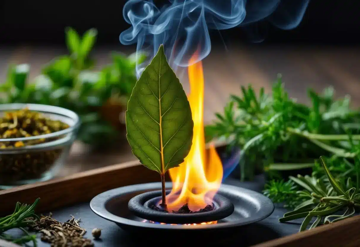 A bay leaf burning over a flame, emitting aromatic smoke. Surrounding herbs and plants with medicinal properties