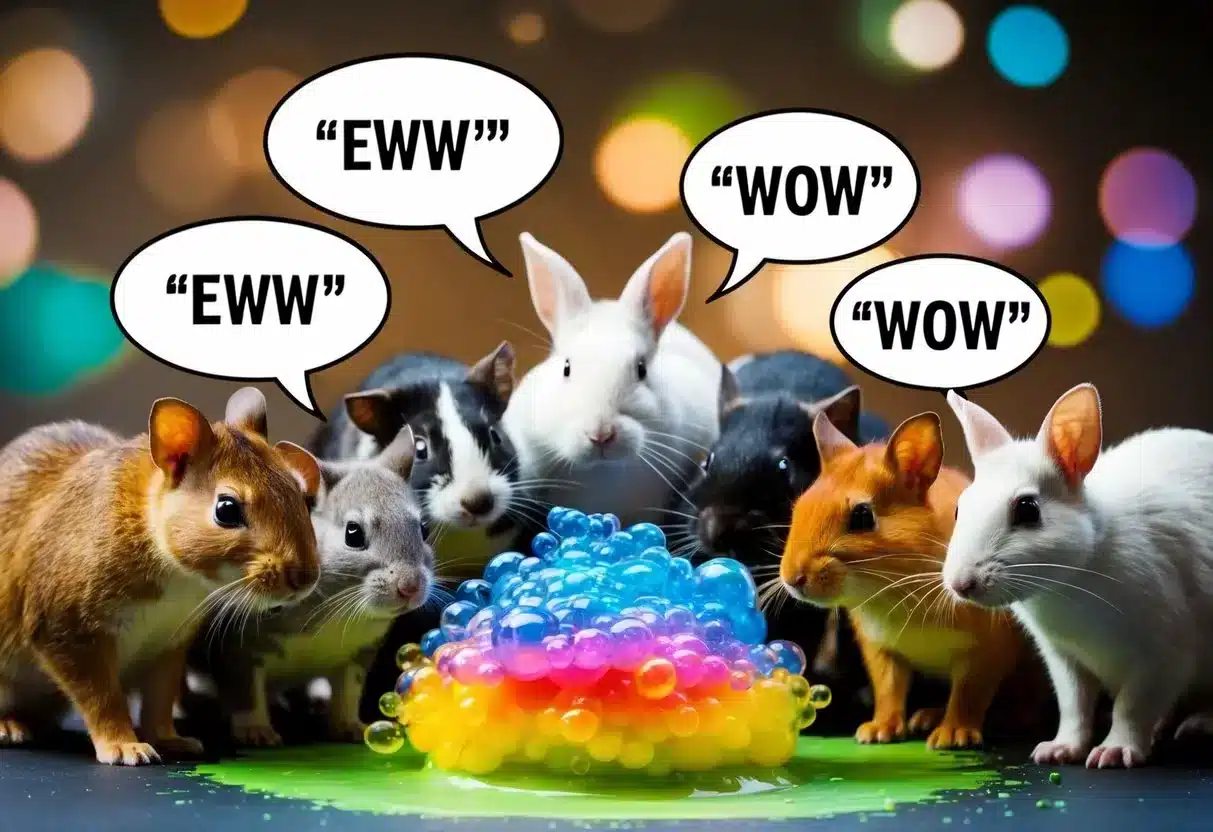 A group of animals gathered around a bubbling, colorful chemical reaction, with speech bubbles of "Eww" and "Wow" above their heads