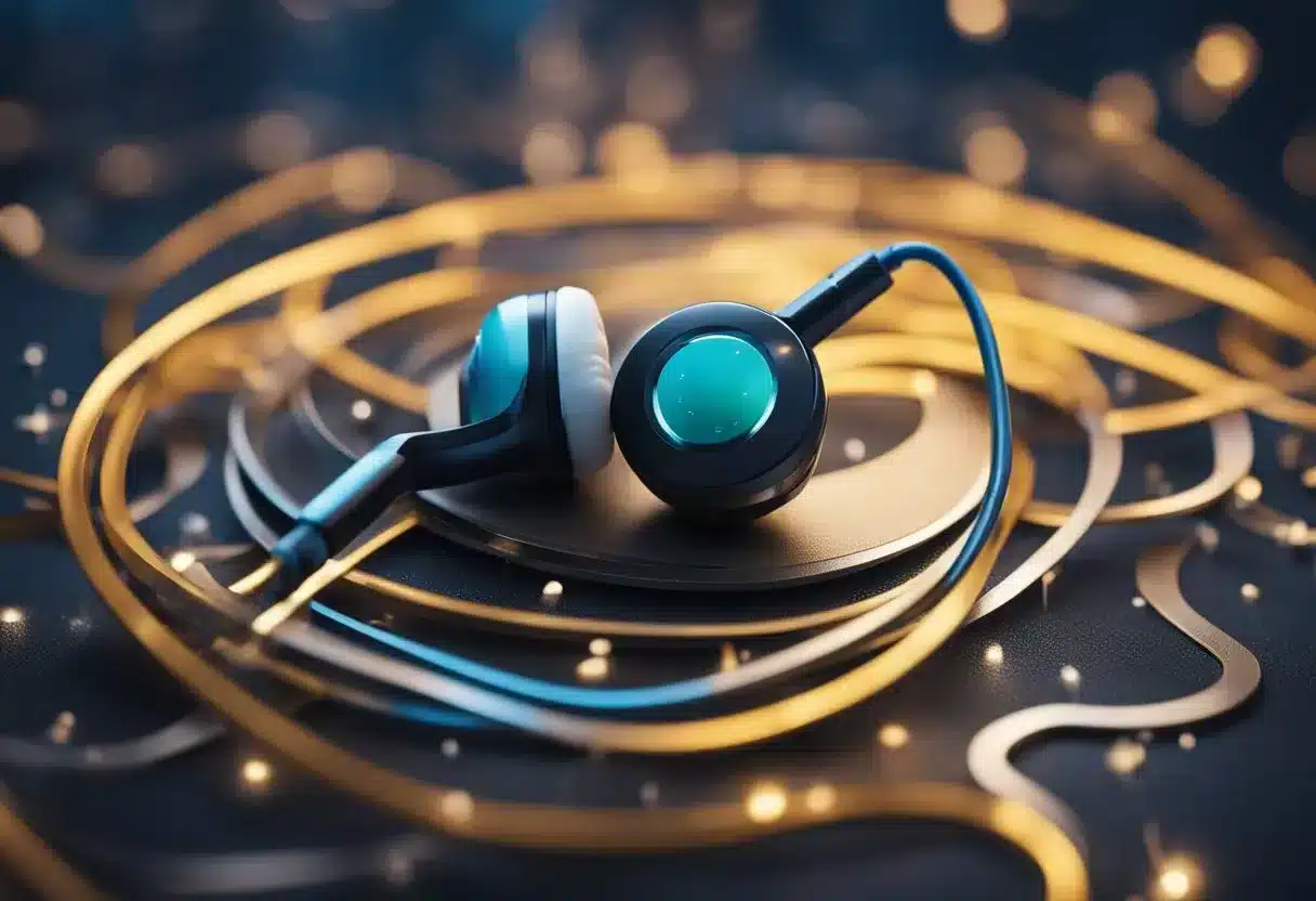 An earbud is plugged into a device, emitting sound waves. The earbud is surrounded by a swirling, chaotic mass representing the damaging effects of loud volumes on the ear