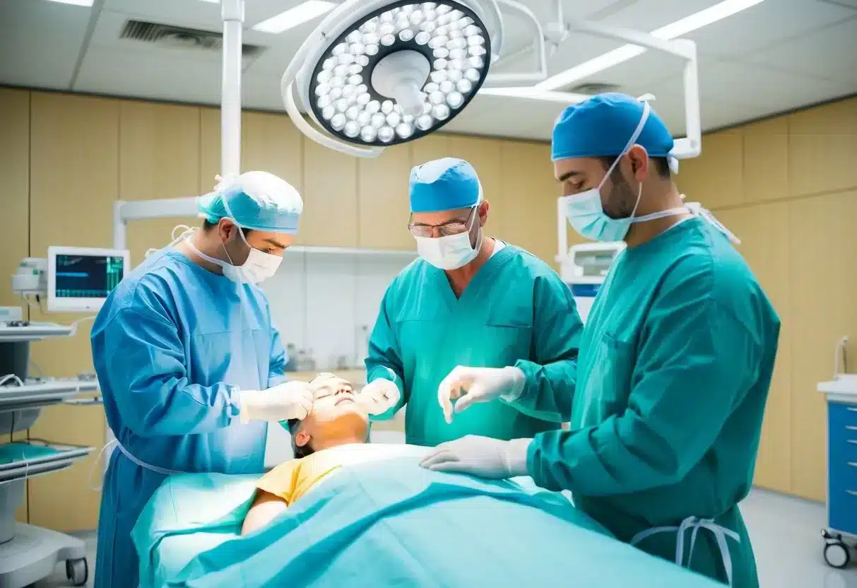 A modern, clean and well-equipped surgical facility in a foreign country with a professional plastic surgeon consulting with a patient