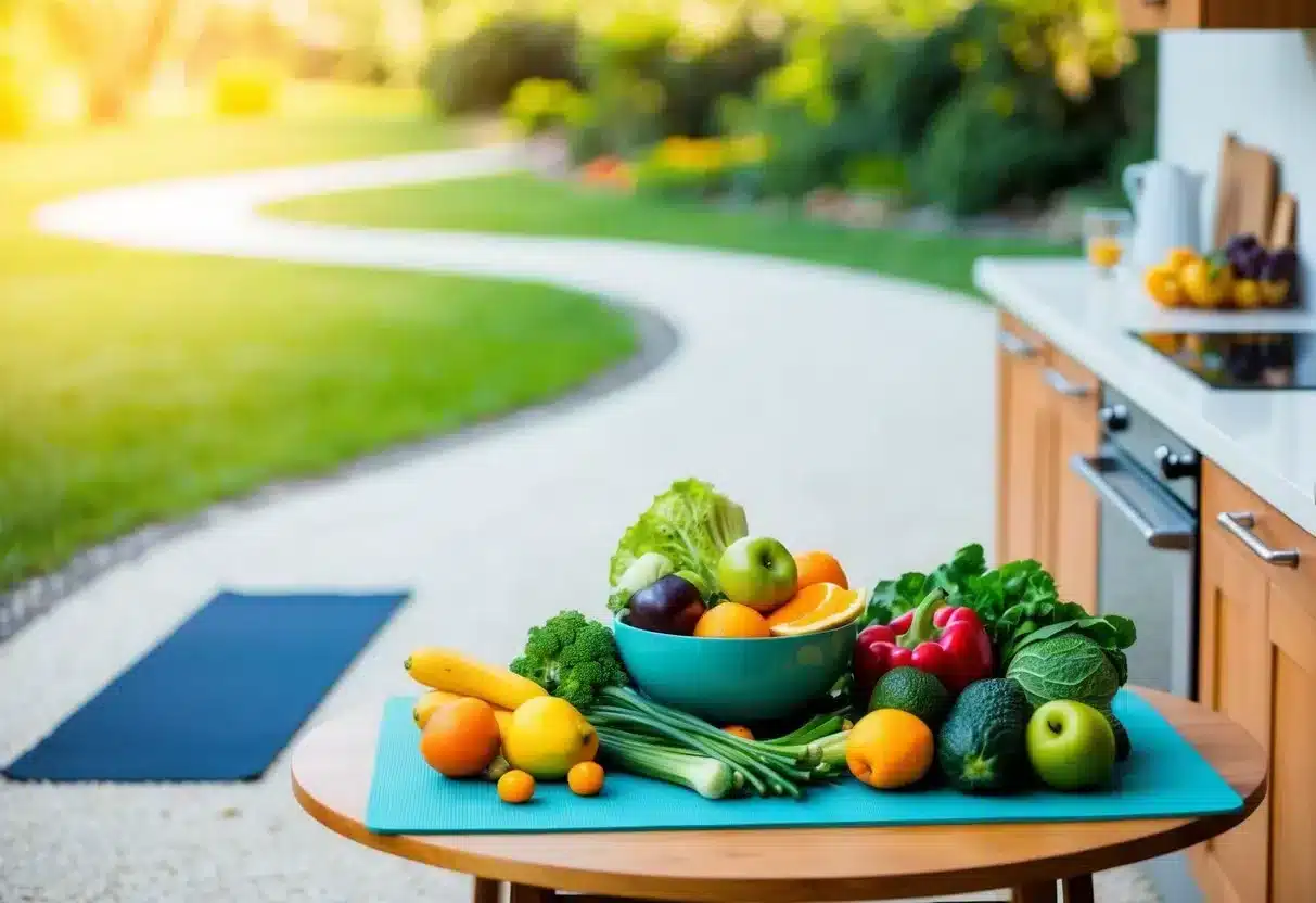 A vibrant kitchen with fresh fruits, vegetables, and exercise equipment, surrounded by a serene outdoor setting with walking paths and a yoga mat