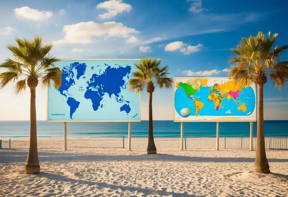 A sunny beach with palm trees, a medical facility, and a world map showing different countries highlighted