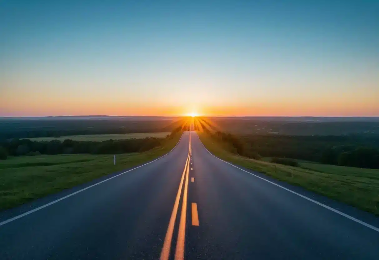A serene landscape with a winding road leading towards a glowing horizon, symbolizing the journey of addiction recovery