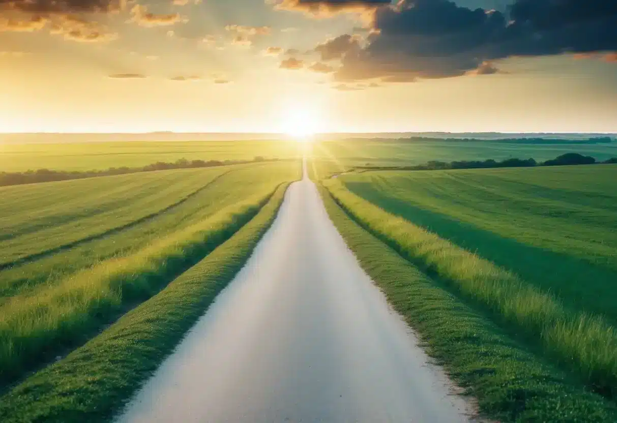 A serene landscape with a winding path leading towards a bright, hopeful horizon, symbolizing the journey of addiction recovery