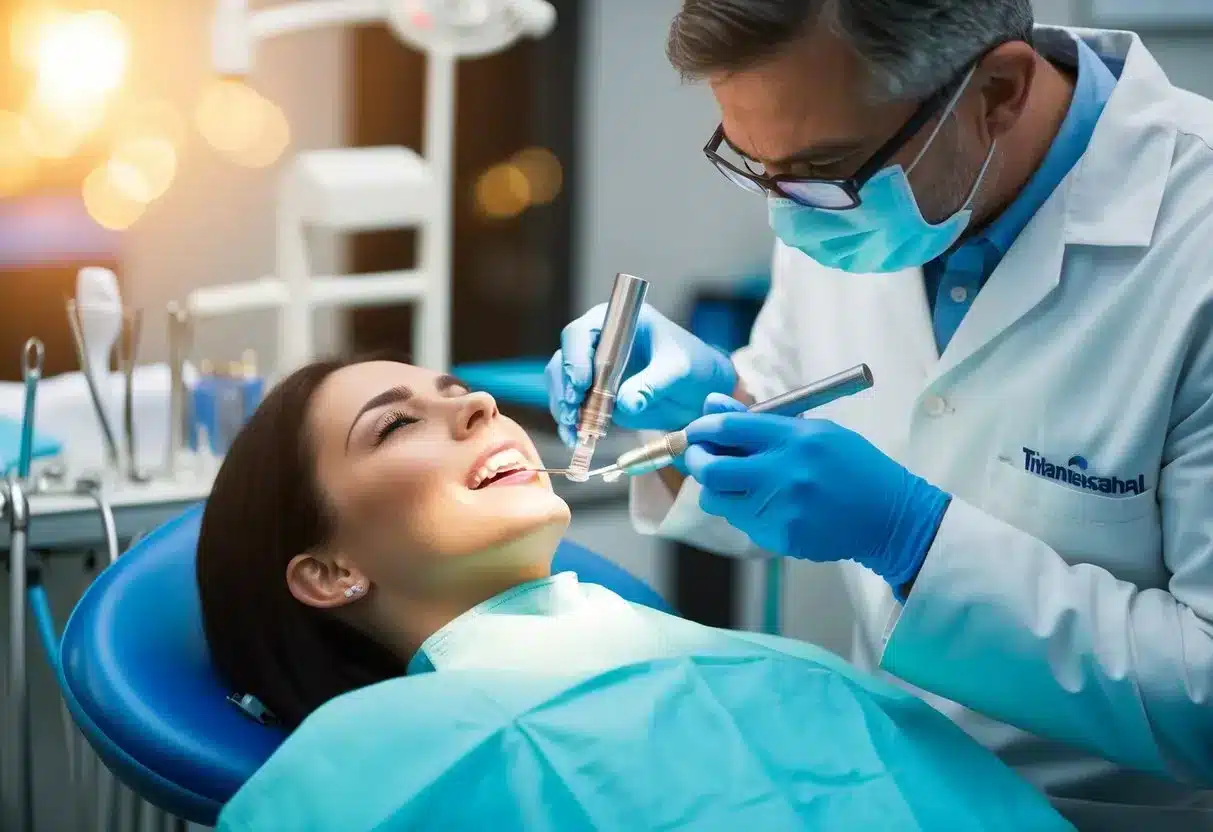 A dentist carefully placing a titanium implant into a patient's jawbone, surrounded by dental tools and equipment