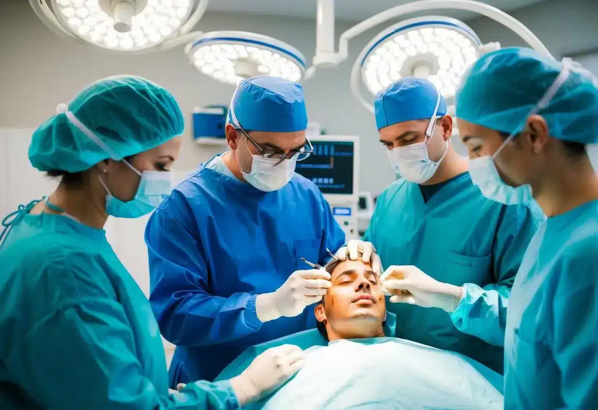 A surgeon and a team of assistants performing a hair transplant procedure on a patient in a sterile operating room