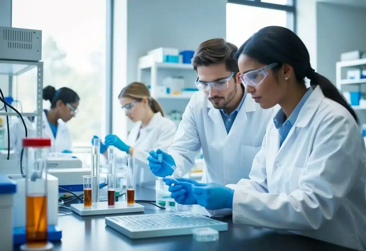 A laboratory setting with scientists working on stem cell research equipment and samples