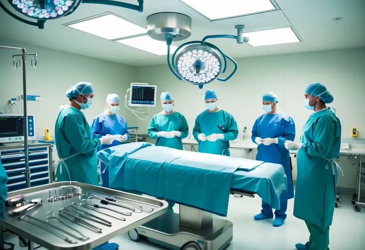 A sterile operating room with surgical instruments laid out, a patient bed, and medical staff preparing for cancer treatment options
