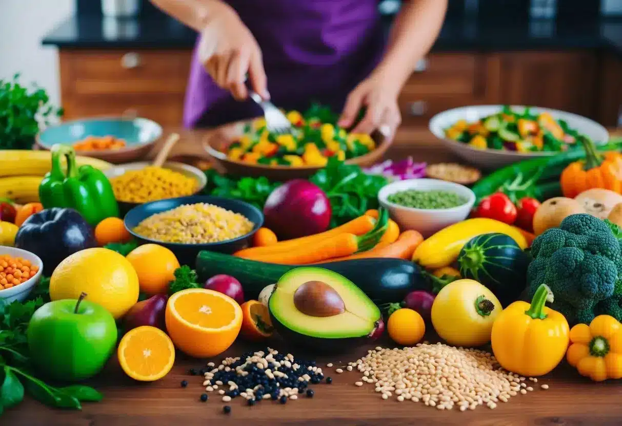 A colorful array of fruits, vegetables, grains, and legumes arranged on a wooden table, with a vibrant plant-based meal being prepared in the background